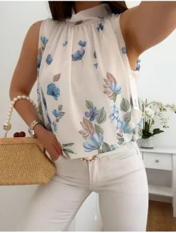 Blusa blanca estampado floral AZUL tipo globo Garden (V36)