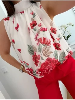Blusa blanca estampado floral ROJO tipo globo Garden (V36)