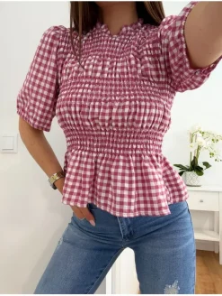 Blusa cuadros Vicky ROSA detalles engomados (M17)