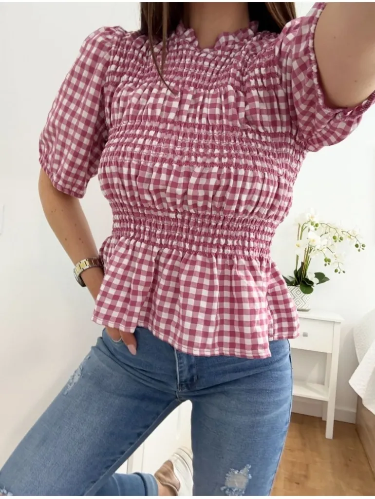 Blusa cuadros Vicky ROSA detalles engomados (M17)
