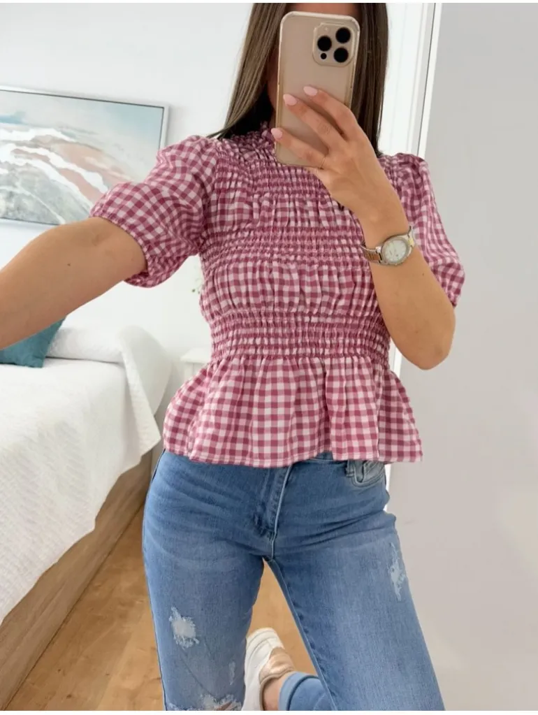 Blusa cuadros Vicky ROSA detalles engomados (M17)