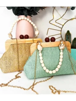 Bolso rafia cierre madera asa bolas Bali (BAE)