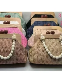 Bolso rafia cierre madera asa bolas Bali (BAE)