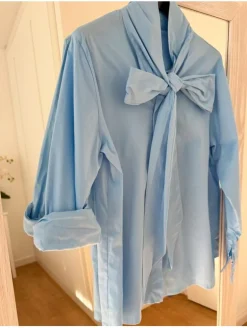 Camisa AZUL lazada cuello amplia Femme (M17)