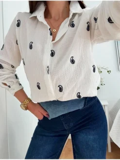 Camisa blanca bordado AZUL MARINO CACHEMIR Leire (G34)