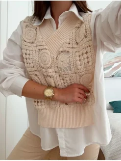 Camisa BLANCA con suéter crochet BEIGE Arianna (V09)