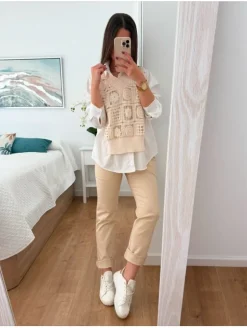 Camisa BLANCA con suéter crochet BEIGE Arianna (V09)