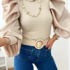 Camiseta BEIGE manga satinada abullonada Olimpia (M40)