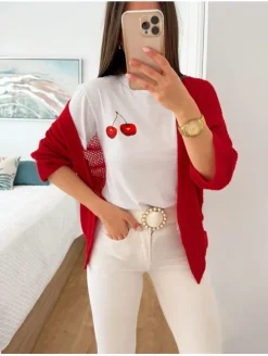Camiseta blanca manga corta detalle cerezas (M33)