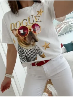 Camiseta blanca manga corta perro gafas DOGUE 2025(L37)