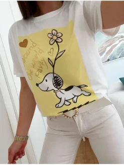 Camiseta blanca manga corta cuadro amarillo perrito flor Around the world (V07)