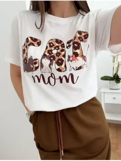 Camiseta blanca manga corta CAT MARRÓN (V07)