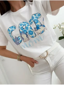 Camiseta blanca manga corta CAT AZUL (V07)