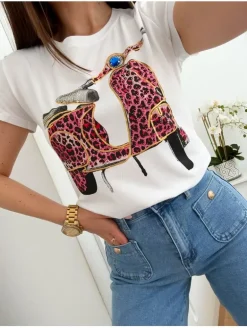 Camiseta blanca manga corta moto animal print FUCSIA 5392 (V09)