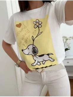 Camiseta blanca manga corta cuadro amarillo perrito flor Around the world (V07)