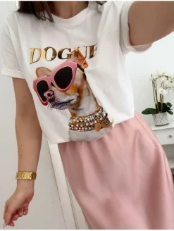 Camiseta BLANCA manga corta DOGUE chiguagua gafas ROSAS collar perlas  (V07)