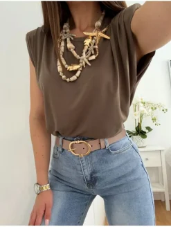 Camiseta básica MARRÓN HOMBRERAS Chic (M33)