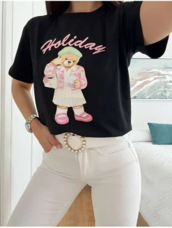 Camiseta NEGRA manga corta HOLIDAY osita (L37)