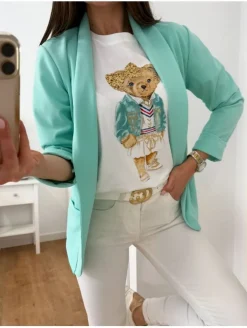 Camiseta osita lacito glitter cazadora AGUAMARINA (v07)
