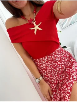 Camiseta ROJA canalé tirantes cruzados Leire (V02)