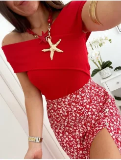 Camiseta ROJA canalé tirantes cruzados Leire (V02)