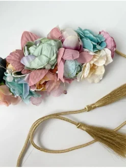 Cinturón cordón dorado flores pastel aguamar y rosa con brillantes Winx