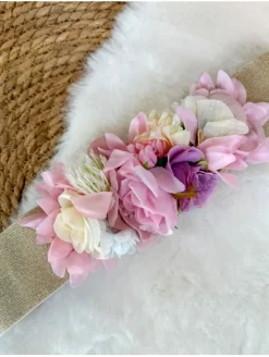 Cinturón elástico lame dorado flores tonos rosas Bellisimo