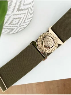 Cinturón elástico VERDE MILITAR cierre león dorado