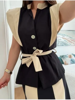 Conjunto bicolor NEGRO y marfil chaqueta y falda Caye (D17)