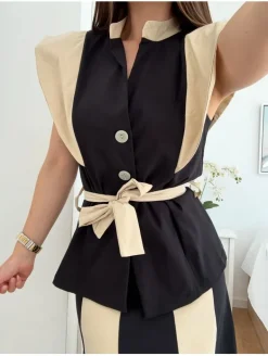 Conjunto bicolor NEGRO y marfil chaqueta y falda Caye (D17)