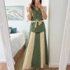 Conjunto bicolor VERDE y marfil chaqueta y falda Caye (D17)