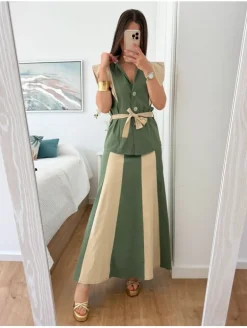 Conjunto bicolor VERDE y marfil chaqueta y falda Caye (D17)