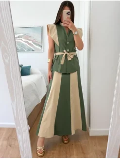 Conjunto bicolor VERDE y marfil chaqueta y falda Caye (D17)