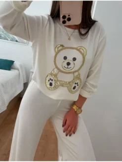 Conjunto BLANCO punto fino OSITO dorado glitter Julia (V36)