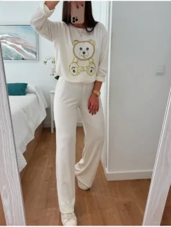 Conjunto BLANCO punto fino OSITO dorado glitter Julia (V36)
