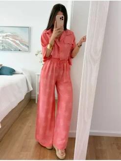 Conjunto BLUSA y PANTALÓN coral circulos étnicos blancos Kambao (L37)