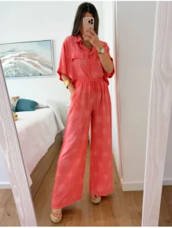 Conjunto BLUSA y PANTALÓN coral circulos étnicos blancos Kambao (L37)