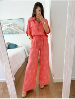 Conjunto BLUSA y PANTALÓN coral circulos étnicos blancos Kambao (L37)