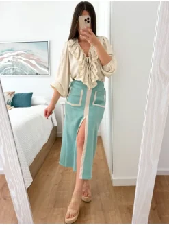 Conjunto chaleco y falda antelina tonos aguamar y marfil (V03)