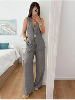 Conjunto chaleco y pantalón gris efecto lino Atenea (V36)