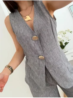 Conjunto chaleco y pantalón gris efecto lino Atenea (V36)