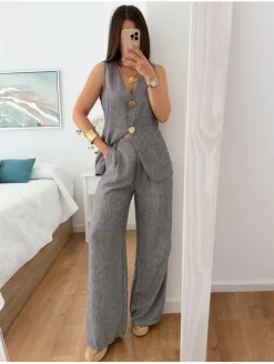 Conjunto chaleco y pantalón gris efecto lino Atenea (V36)