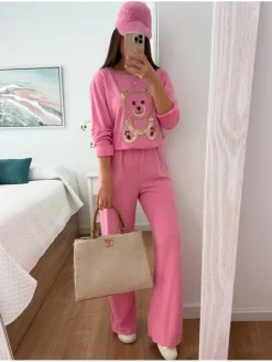 Conjunto ROSA punto fino OSITO dorado glitter Julia (V36)