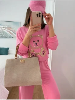 Conjunto ROSA punto fino OSITO dorado glitter Julia (V36)