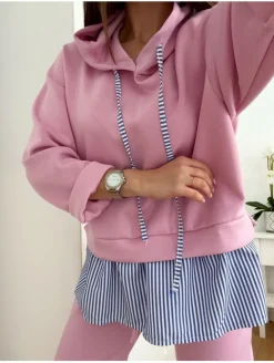Conjunto ROSA sudadera capucha bajo camisa rayitas Cassandra(37)