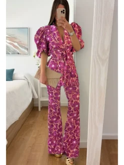 Conjunto traje chaqueta y pantalón Leyre tonos rosa y buganvilla(D18)