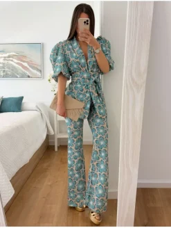 Conjunto traje chaqueta y pantalón Leyre aguamarina(D18)