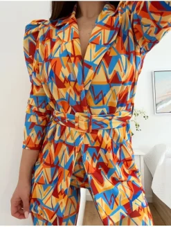 Conjunto traje pantalón estampado geometrico naranja y azul  (M18)