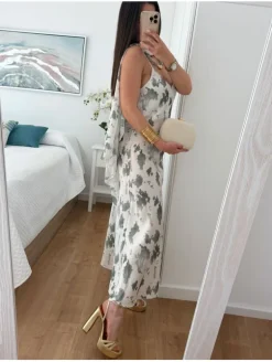 Conjunto Vestido y Capa blanco y verde Tie Dye Ceremonie (V10)