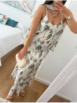 Conjunto Vestido y Capa blanco y verde Tie Dye Ceremonie (V10)